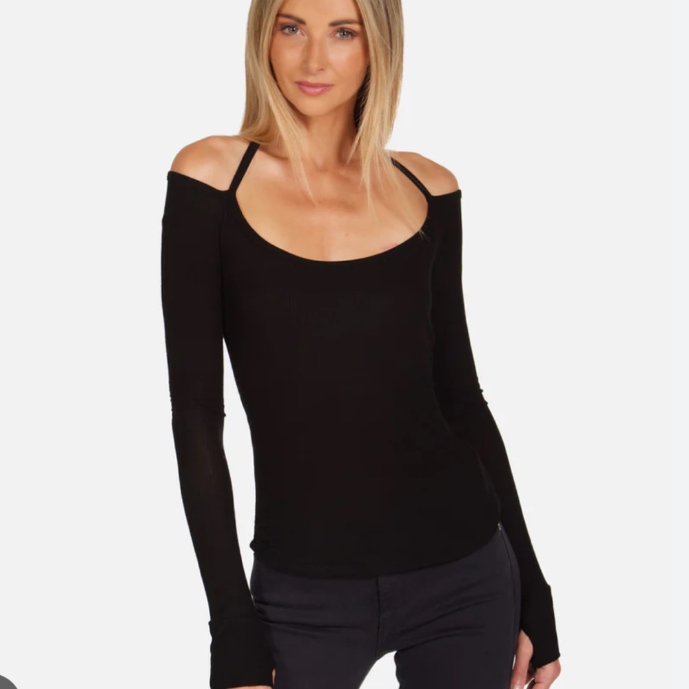 Michael Lauren Black Long-Sleeve Scoop Neck Top with Back Strap Detail